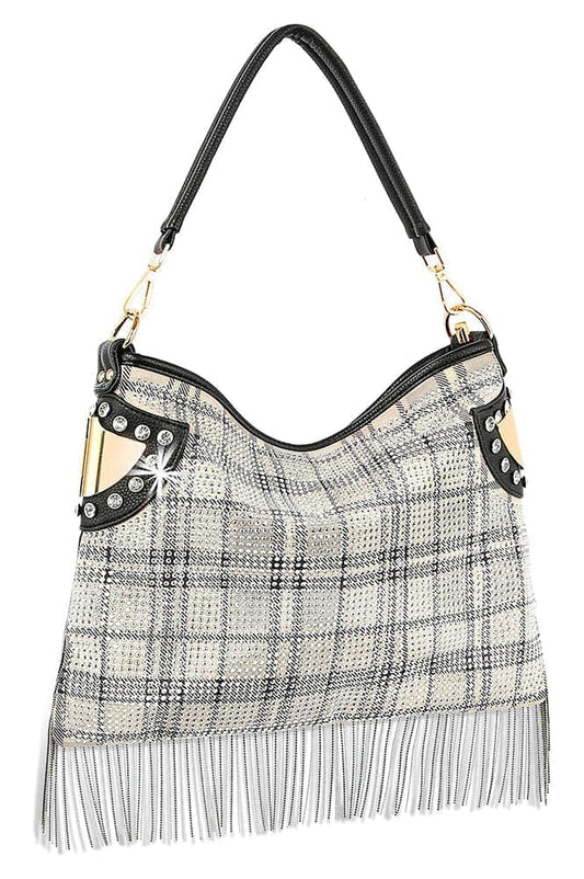 Rhinestone And Beaded Fringe Hobo Handbag - Beige