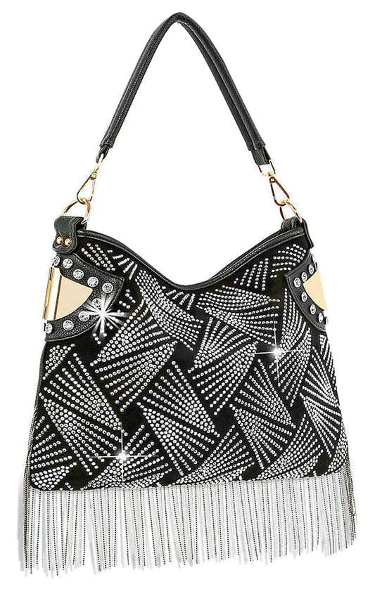 Rhinestone And Beaded Fringe Hobo Handbag - Black