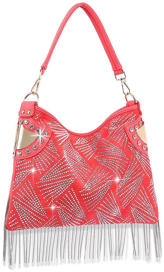 Rhinestone And Beaded Fringe Hobo Handbag - Coral