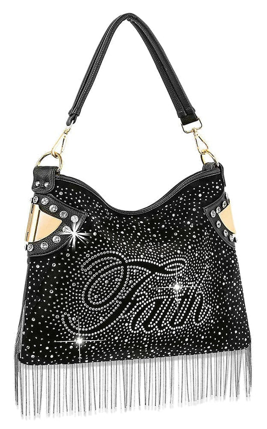 Rhinestone And Beaded Fringe Faith Hobo Handbag - Black