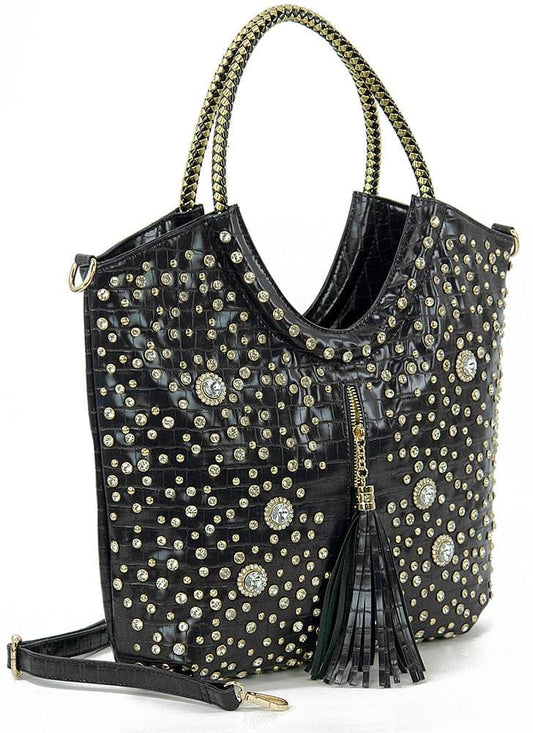 Tall Embossed Tasseled Bling Tote - Black