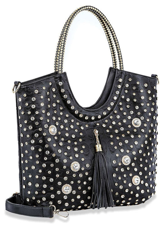 Embossed Rhinestone and Tasseled Tote - Black