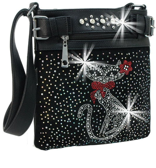 Cat Design Rhinestone Crossbody Sling - Black