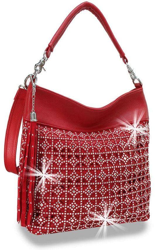 Hobo Handbag with Rhinestone Design - Red