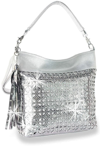 Hobo Handbag with Rhinestone Design - Silver