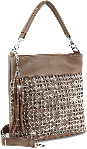 Hobo Handbag with Rhinestone Design - Taupe