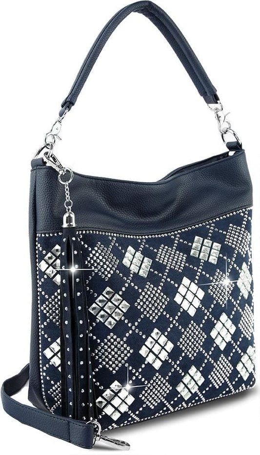 Rhinestone Argyle Design Hobo - Navy