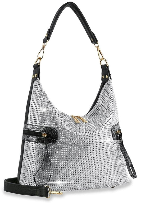 Side Pocket Rhinestone Hobo Handbag - Black-Silver