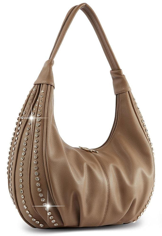 Rhinestone Accented Hobo Handbag - Taupe