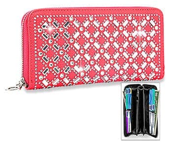 Rhinestone Design Accordion Wallet - Coral