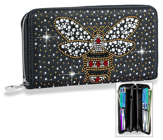 Rhinestone Bee Accordion Wallet - Black