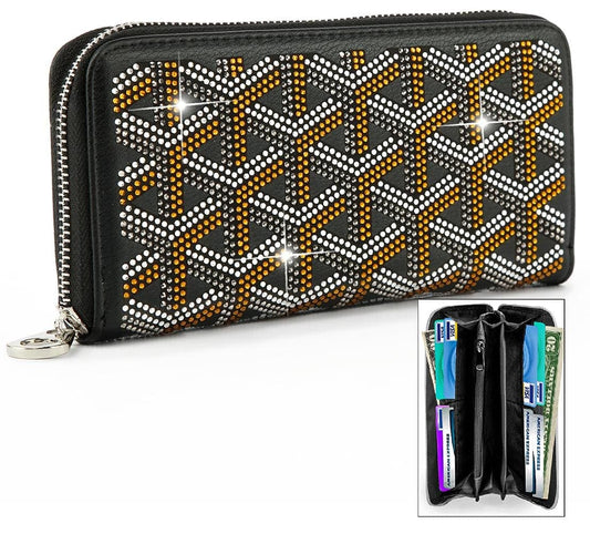 Colored Rhinestone Design Accordion Wallet - Black