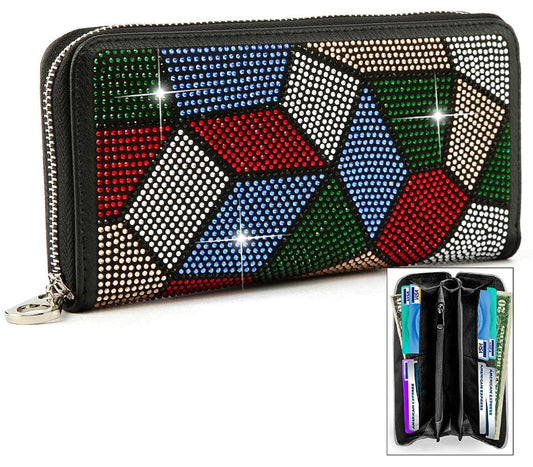 Colorful Rhinestone Design Accordion Wallet - Black