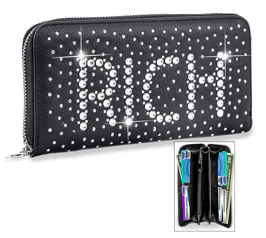 Bold Rhinestone Rich Accordion Wallet - Black