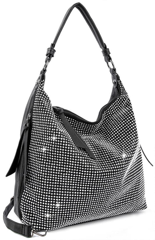 Rhinestone Covered Hobo Handbag - Black