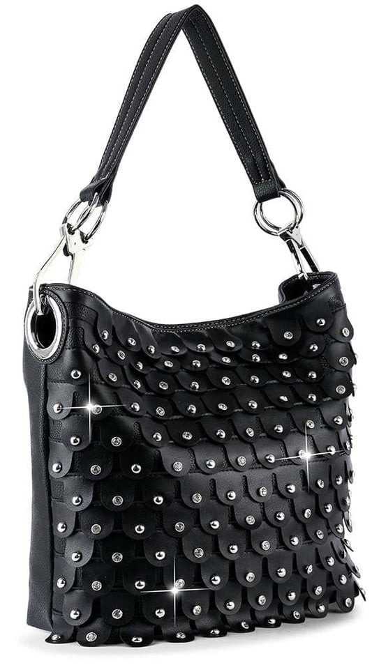 The Layered Petal Studded Hobo Handbag is a black faux leather bag with a shoulder strap, featuring layered scalloped panels and shiny studs for a sparkling, textured look. Its even compatible with tablets.