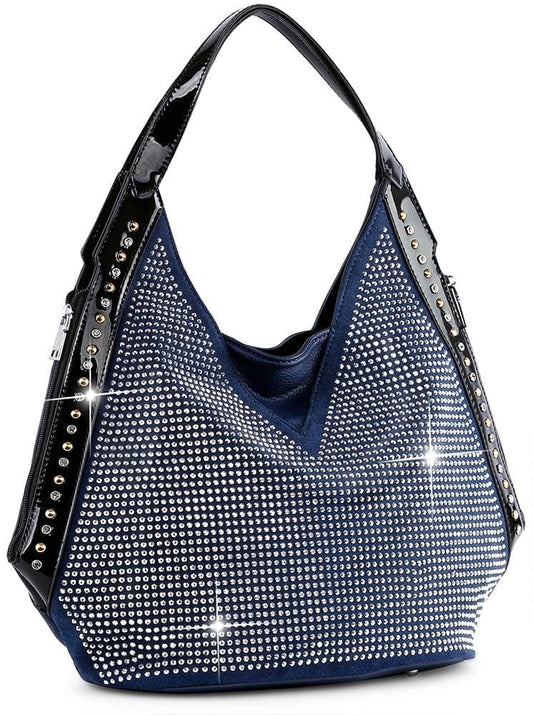 Patent Trim Rhinestone Hobo Handbag - Navy