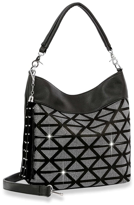 Rhinestone Grid Hobo Handbag - Black