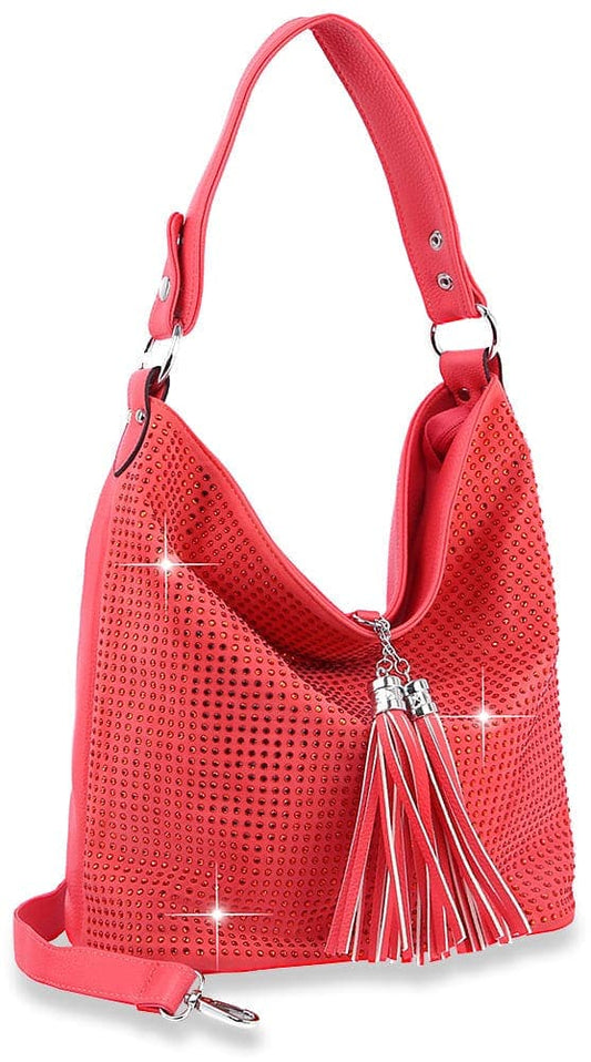 Tassel Accent Colored Stone Hobo Handbag - Coral