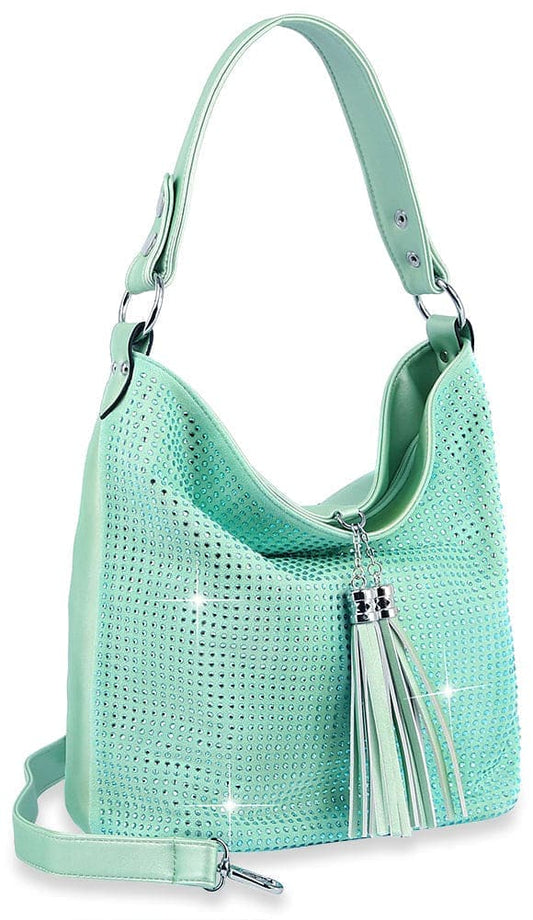 Tassel Accent Colored Stone Hobo Handbag - Mint