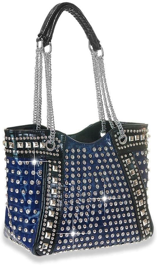 Embossed Rhinestone Accented Tote - Navy