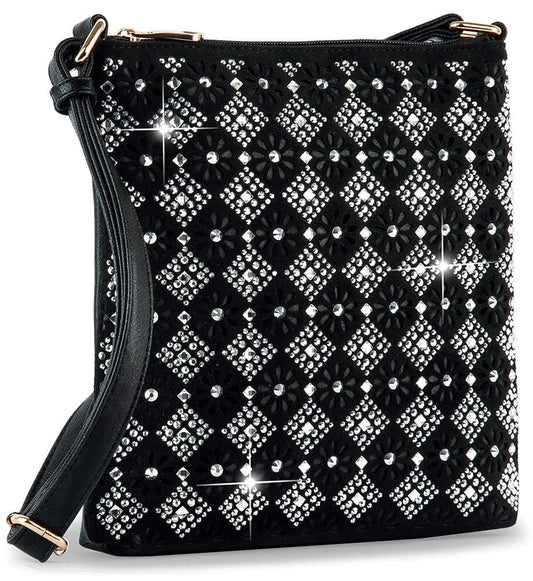 The Diamond Stone Pattern Crossbody Sling is a black faux leather bag with a diagonal checkerboard of rhinestones, black flower accents, an adjustable strap, metallic hardware, and a secure top zip closure.