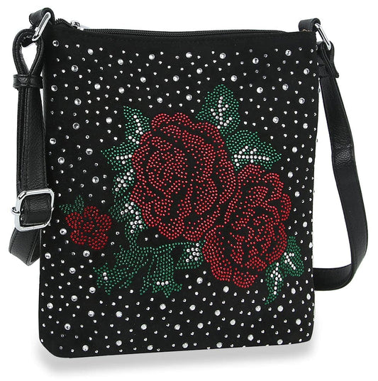 Rose Design Rhinestone Crossbody Sling - Black