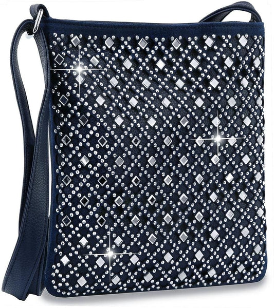 Diamond Bling Grid Crossbody Sling - Navy