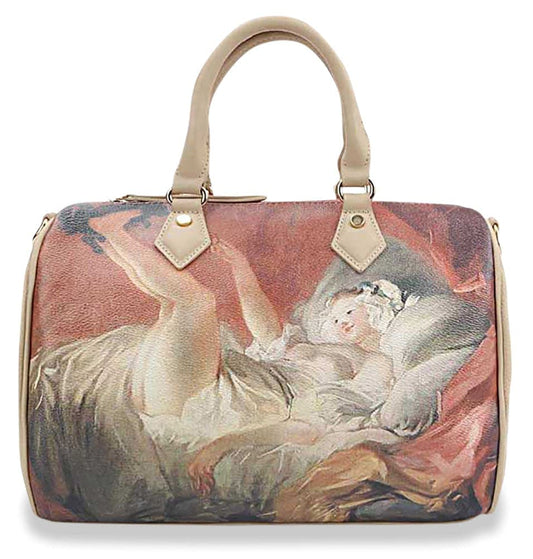 Artistic Print Satchel Handbag - Beige