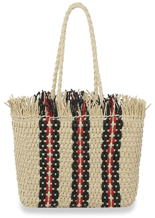 Woven Stripe Summer Straw Tote - Beige-Black