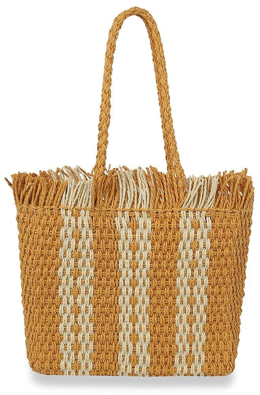 Woven Stripe Summer Straw Tote - Mustard