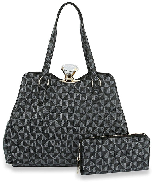 A-Frame Signature Print Hand Tote Set - LMN026-1W-BK
