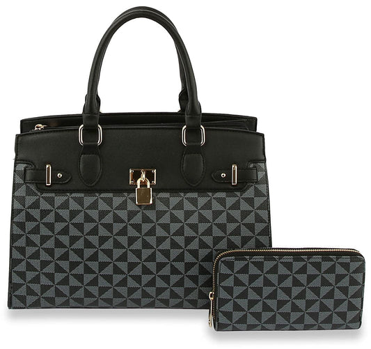 Signature Print Classic Lock Tote Set - LMN030-1W-BK