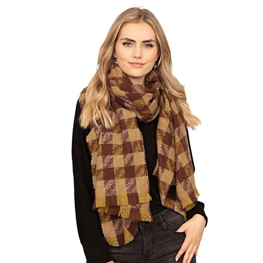 Multi Plaid Design Scarf - Brown