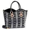 The Rhinestone Design Elegant Tote is a black faux leather bag with silver and white rhinestone patterns, gold and rhinestone handles, an optional black shoulder strap, tablet compatibility, and is shown on a white background.