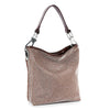 The Rhinestone Covered Tall Hobo Handbag features a single sturdy handle, silver hardware, and a sleek rectangular shape. Its brown faux leather is adorned with a grid pattern of white rhinestones for effortless style.