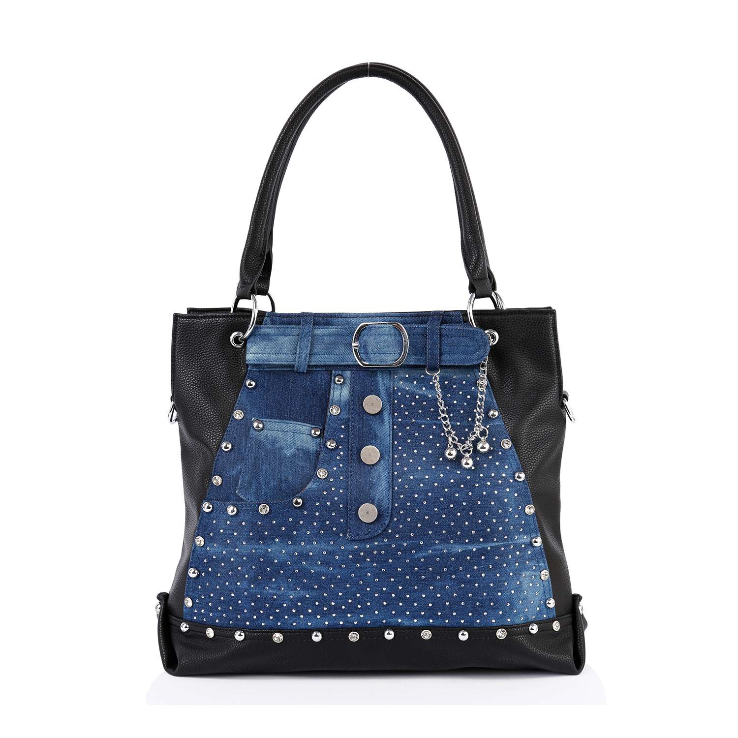 The Belted Jean Design Tote Handbag features a black denim-look front with buttons, studs, belt, and silver chain accents. Spacious with black leather handles, its the ideal chic accessory for work or weekends.