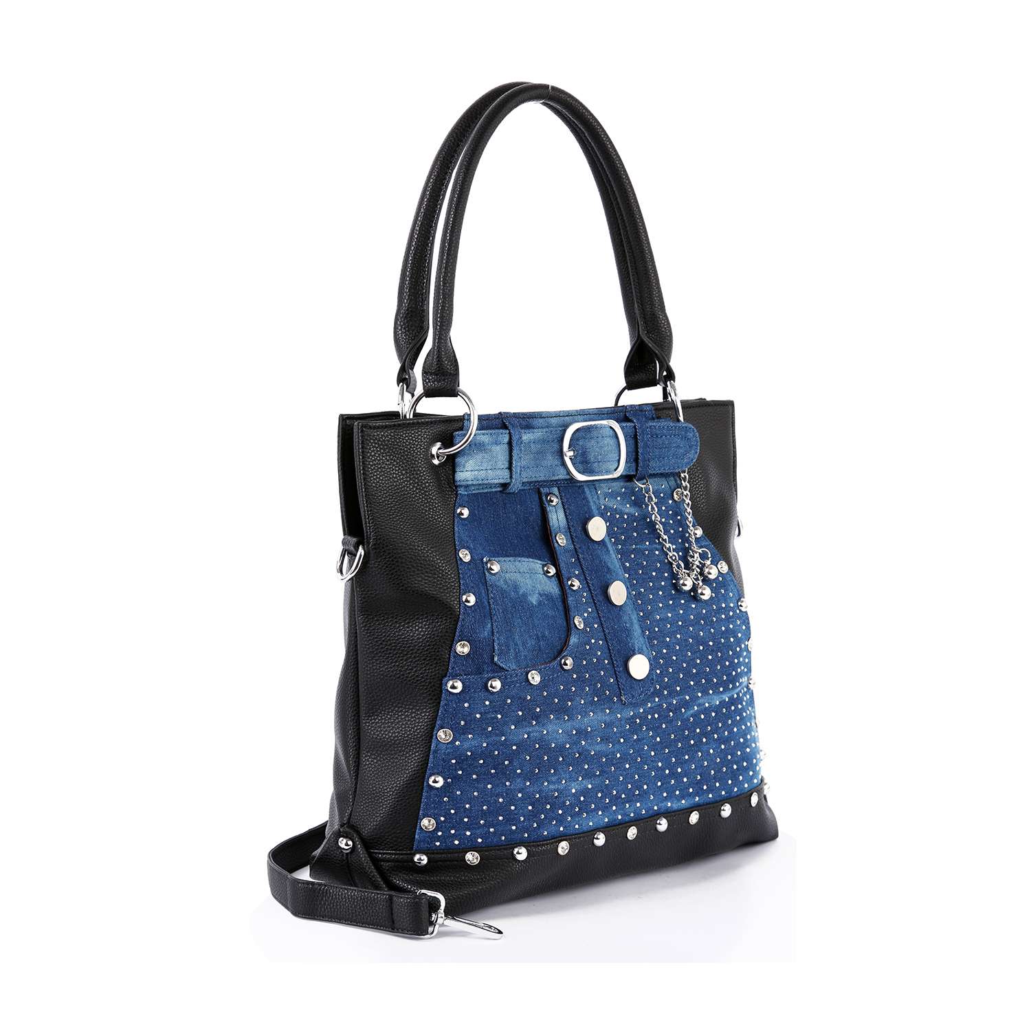The Belted Jean Design Tote Handbag features black leather handles and sides, a blue denim front with silver studs, buttons, a decorative belt buckle, chain accents, spacious interior, and a detachable shoulder strap.