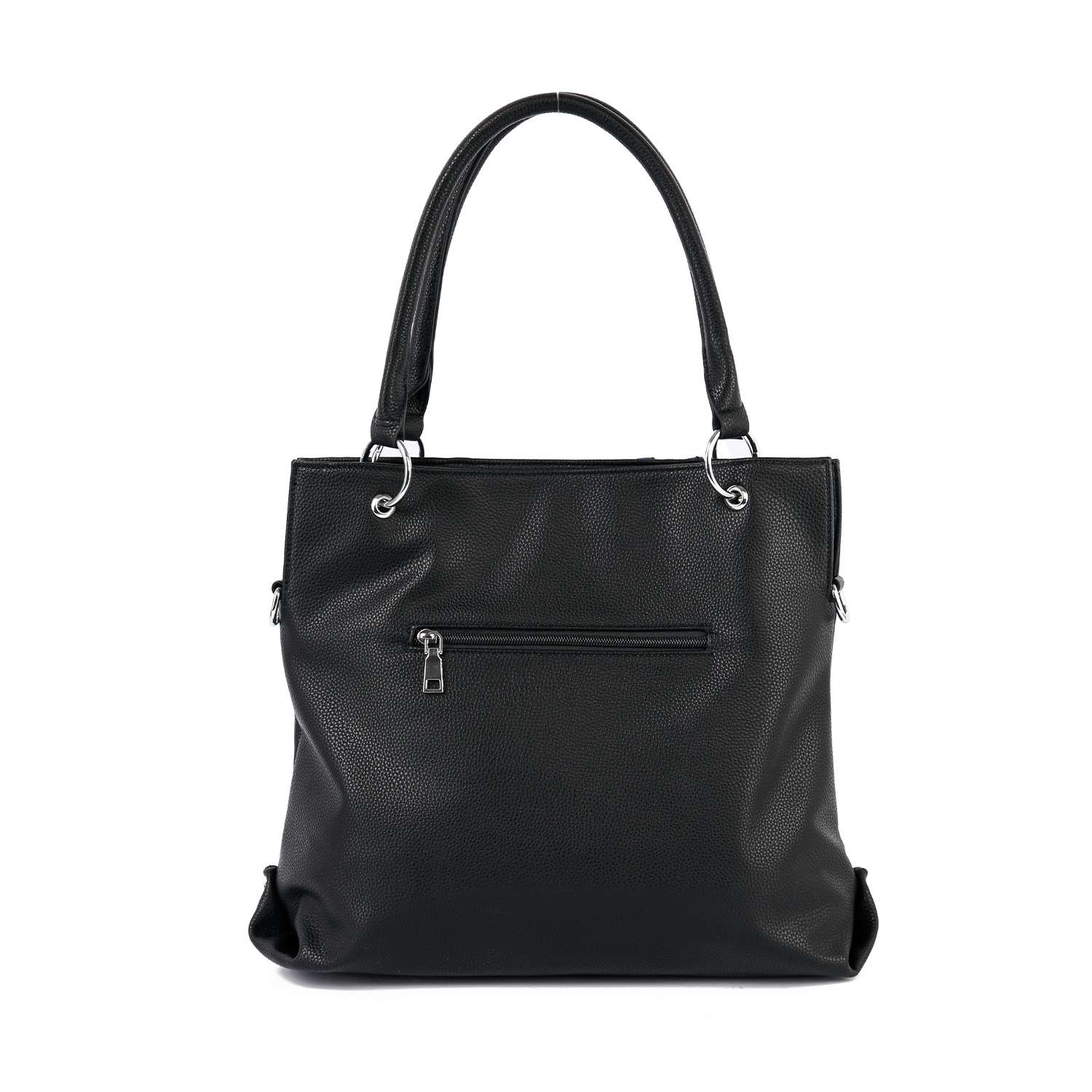 The Belted Jean Design Tote Handbag, featuring black leather, two handles, a small front zippered pocket, and silver hardware, offers spacious style for work or weekend. Shown against a white background.