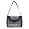 The Rhinestone Design Top Flap Petite Handbag features black faux leather, a gold chain strap, silver and white rhinestone geometric patterns, two gold zipper charms, a structured rectangular shape, and elegant gold hardware.