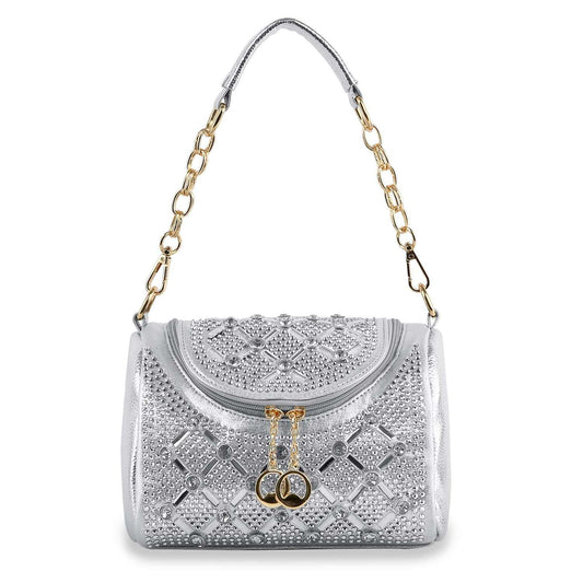 The Rhinestone Design Top Flap Petite Handbag is a silver faux leather crossbody with a quilted pattern, sparkling rhinestones, gold hardware, a gold chain handle, and elegant clasp details on the front.