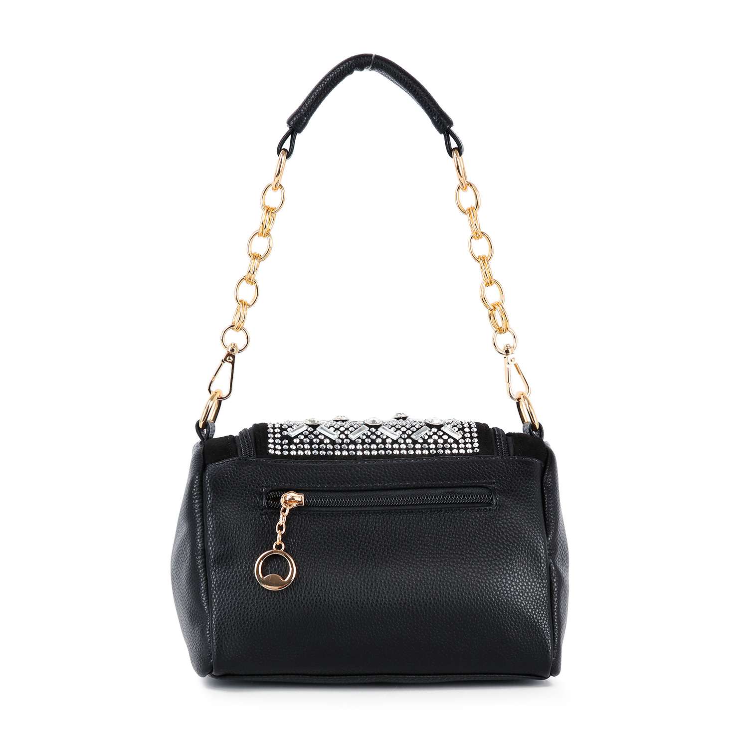 The Rhinestone Design Top Flap Petite Handbag is a black faux leather crossbody with gold hardware, a gold chain and black strap, a small front pocket with gold zipper and charm, decorative rhinestones on the flap, and a detachable strap for styling versatility.