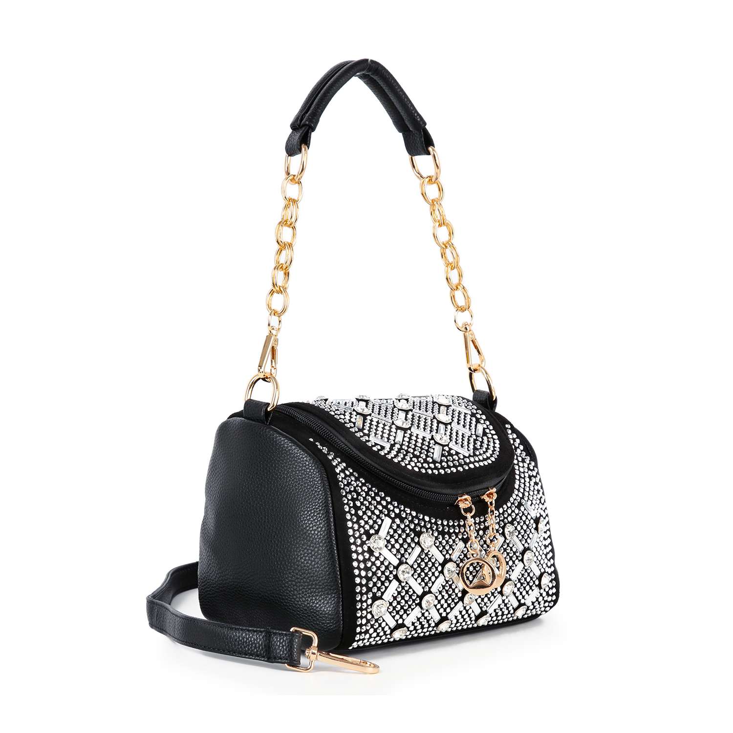 The Rhinestone Design Top Flap Petite Handbag features a faux leather build with a black and white snakeskin pattern, gold chain accents on the handle, a detachable black strap, and decorative gold zipper pulls.