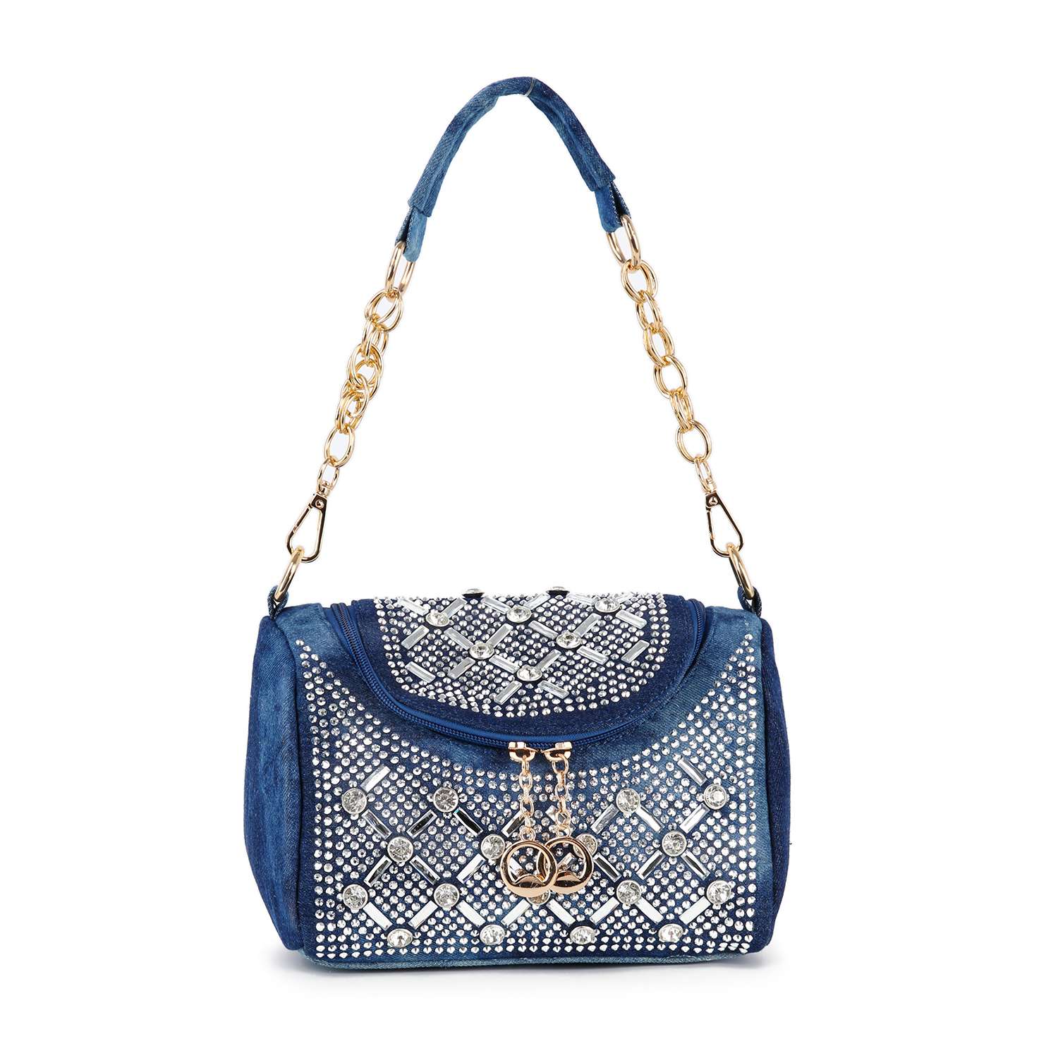 The Rhinestone Design Top Flap Petite Handbag is a blue faux leather crossbody bag with gold hardware, a gold chain handle, diamond-patterned silver and white rhinestone accents, a decorative gold front clasp, and a detachable strap for versatile styling.
