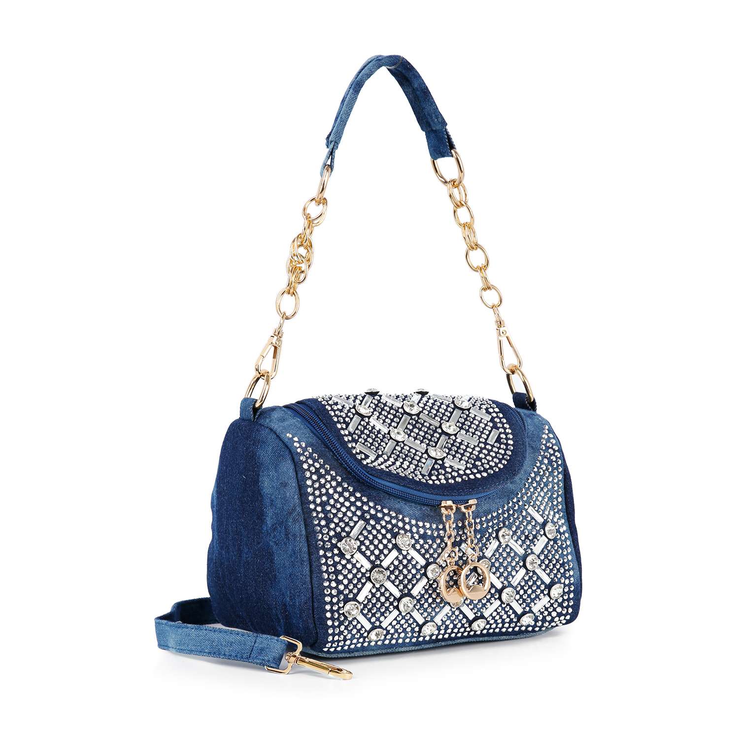 The Rhinestone Design Top Flap Petite Handbag features blue denim faux leather, gold hardware, a detachable strap, and a front flap with silver stud geometric patterns. Gold charms accent the zipper pulls for added style.