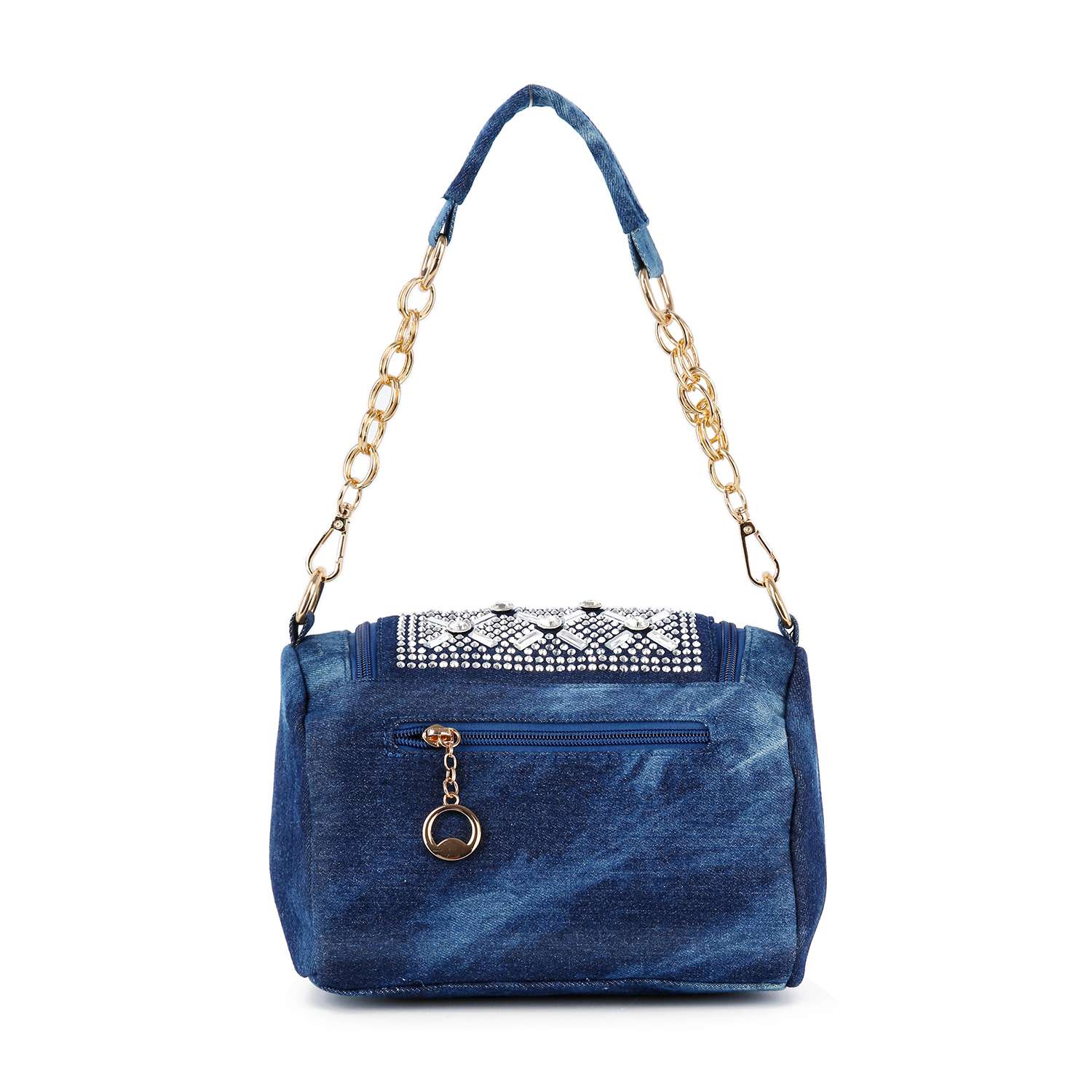 The Rhinestone Design Top Flap Petite Handbag features blue denim, gold hardware, a detachable denim strap, a front zip pocket with a round charm, and white embroidered details on top.
