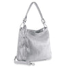The Rhinestone Accented Pleated Hobo Handbag features a shiny silver faux leather finish with a textured grid pattern, top handle, adjustable shoulder strap, and decorative side tassels.