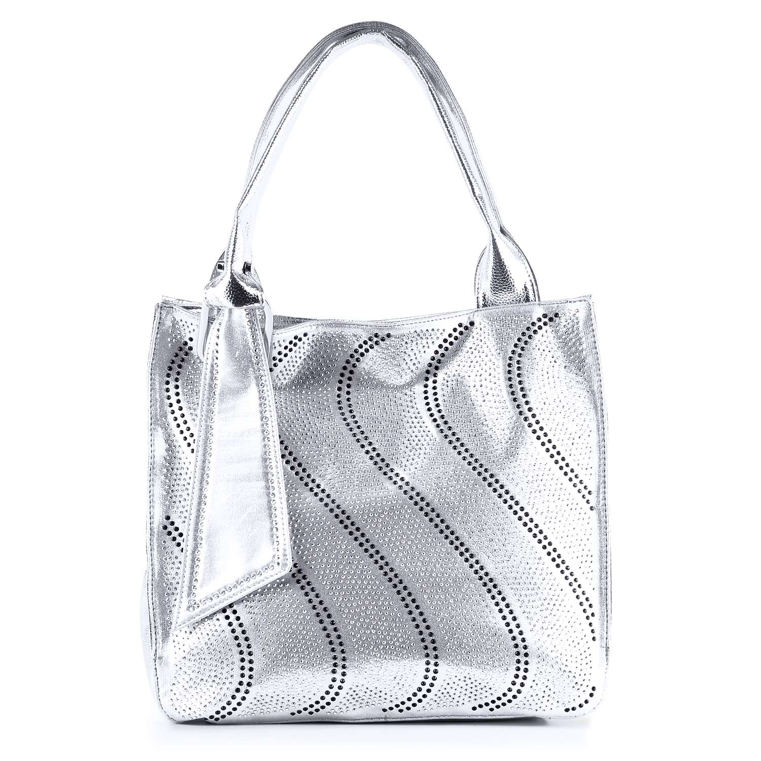 The Rhinestone Pattern Tote is a metallic silver handbag with two handles, a decorative perforated wavy front, tablet compatibility, shown against a white background.