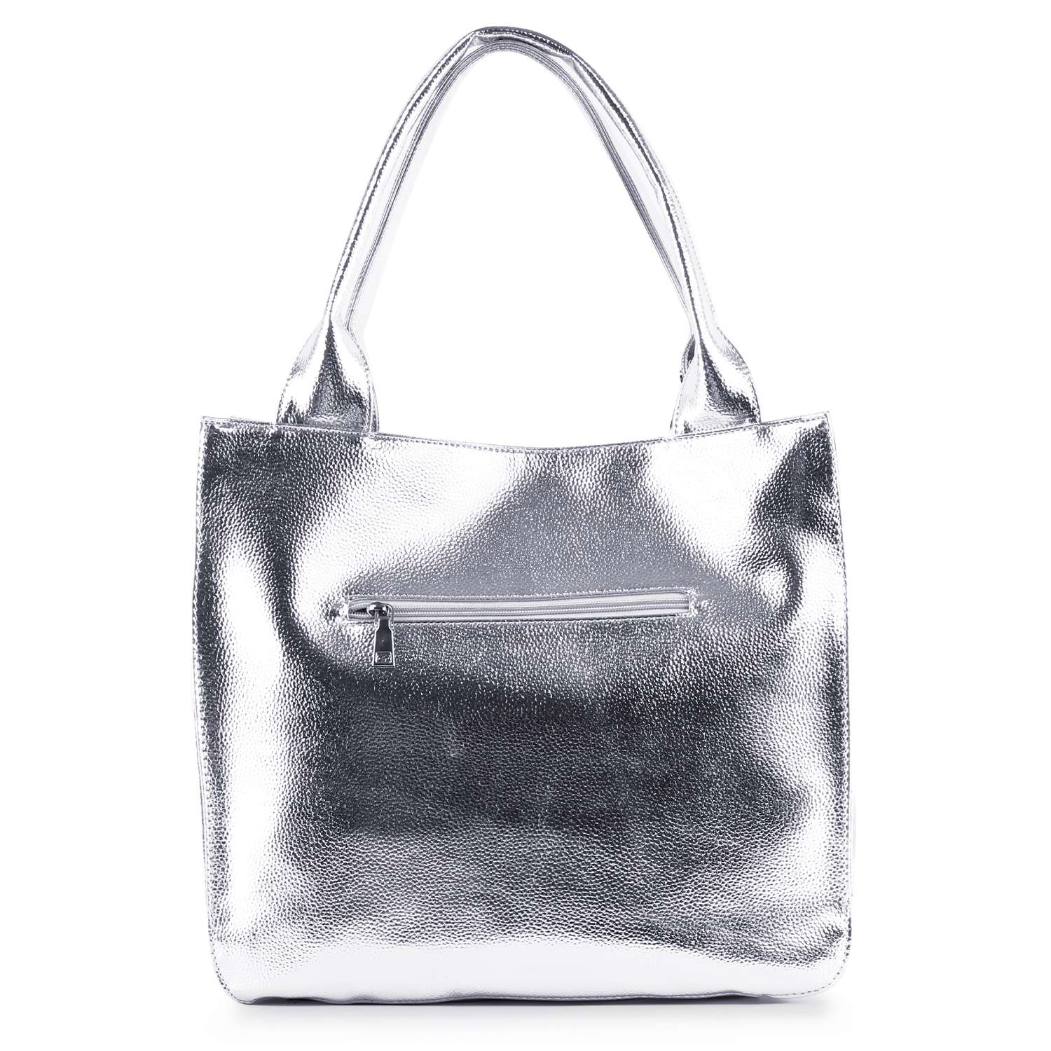 The Rhinestone Pattern Tote is a shiny silver bag with two handles and a front zippered pocket, tablet compatible and perfect for carrying essentials, shown against a white background.