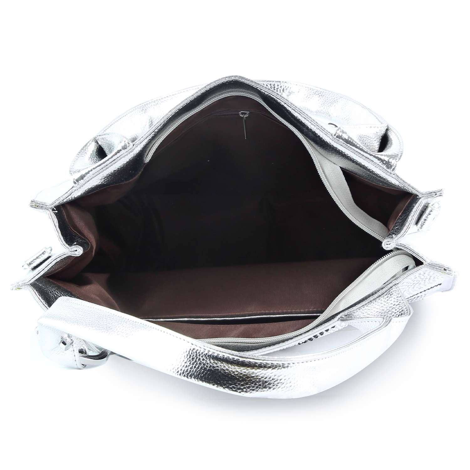 Open view of the Rhinestone Pattern Tote in silver with a spacious brown interior, featuring one large compartment and an inner zip pocket—ideal for carrying your tablet.